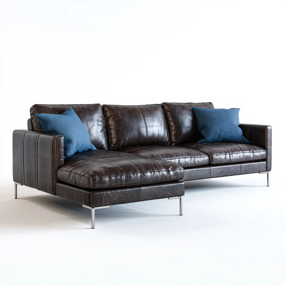 Sofa, Kanapa narożna 3 fotele z krzesełkiem z lewej brązowej ciemnej skóry PU 278 x 165 x 86 cm