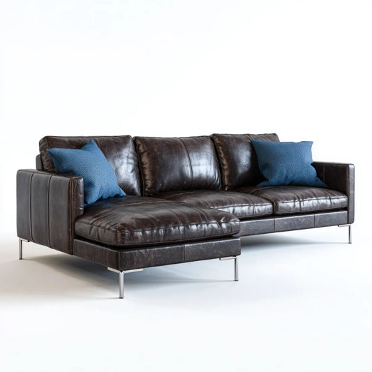 Sofa, Kanapa narożna 3 fotele z krzesełkiem z lewej brązowej ciemnej skóry PU 278 x 165 x 86 cm
