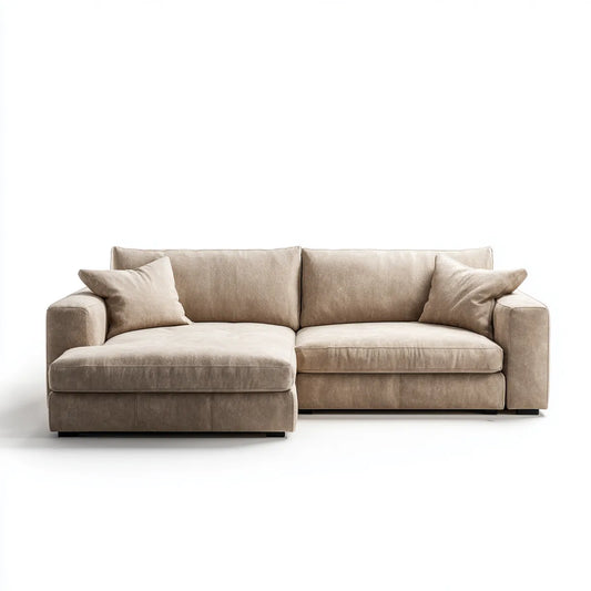 Sofa, Kanapa narożna 3 fotele z krzesełkiem z lewym beżowym mikrofibrem z poliestru 250 x 160 x 85 cm