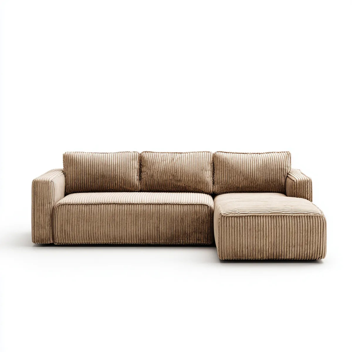 Sofa, Kanapa narożna 3 beżowe, aksamitne fotele w poliestrowym, żebrowanym aksamicie do 250 x 160 x 78 cm