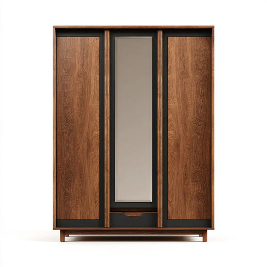 Szafa, Szafka w kształcie czarnym i walnuta z prostokątnym lustrem 150 x 60 x 200 cm w panelach MDF z panelami pokrytymi walnutem