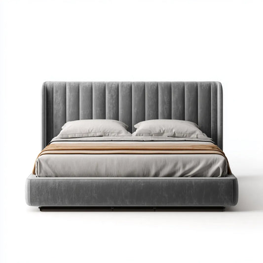 Łóżko dwuosobowe, Podwójne łóżko wyściełane szaro w prostokątnym poliestrowym aksamicie 160 x 200 cm