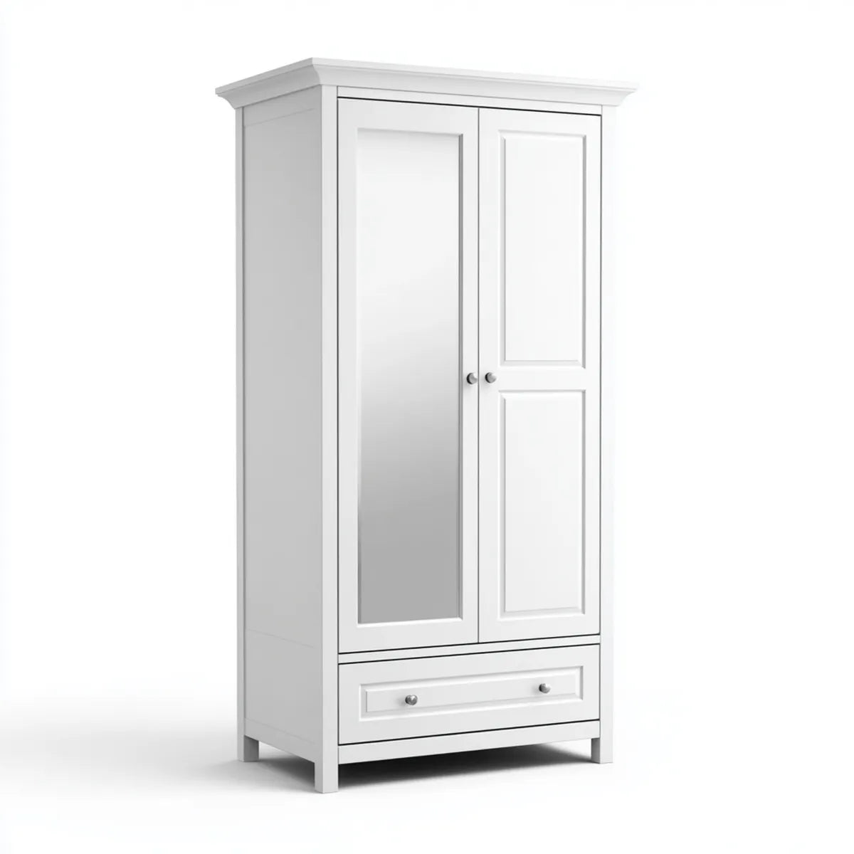 Szafa, Szafka z białą sypialnią 2 drzwi z lustrem i szufladą 90 x 52 x 190 cm w prostokątnych panelach MDF