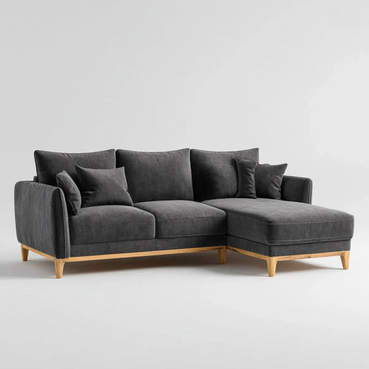 Sofa, Kanapa narożna 3 fotele z krzesełkiem z prawym, szarym antracytem poliester 240 x 150 x 85 cm