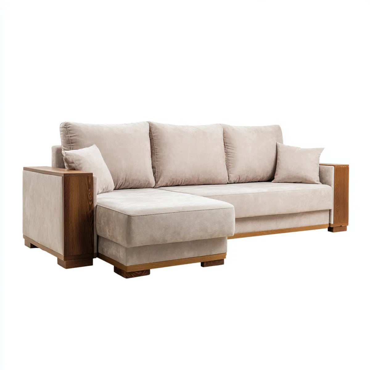 Sofa, Kanapa narożna 3 fotele z krzesełkiem i lewym beżowym i orzechem włoskim 260 x 160 x 85 cm w poliestrze i litym drewnie