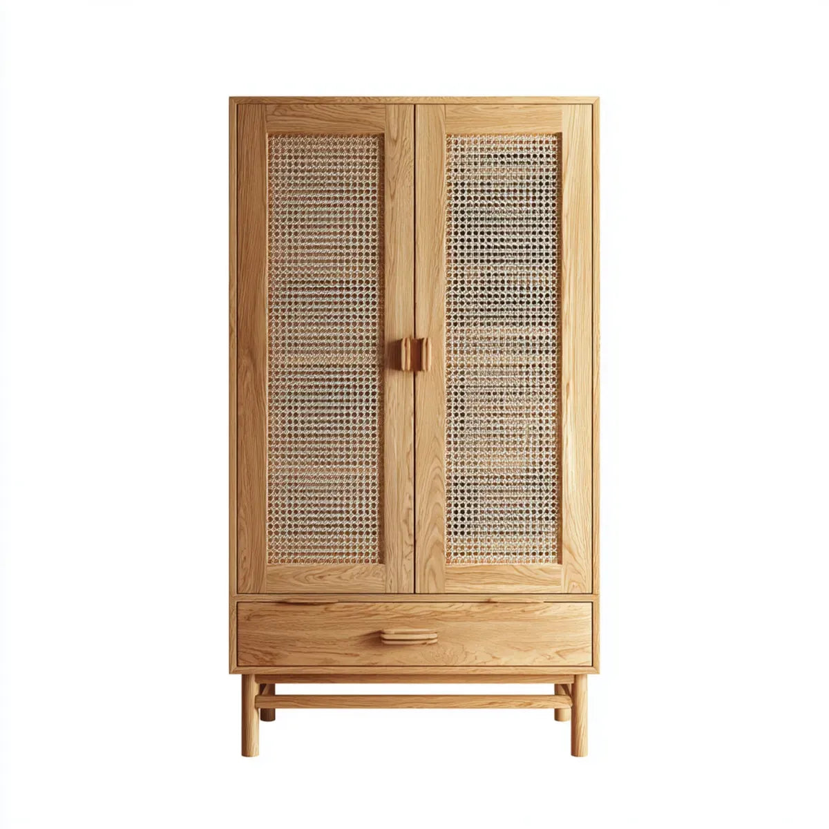 Szafa sypialna 2 drzwi w dębie naturalnym i rattan w puszce 90 x 45 x 180 cm